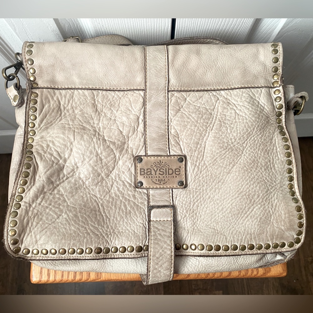 Bayside Made in Italy Beige/Taupe Pebbled Leather Studded Postman Shoulder Bag - Picture 5 of 16
